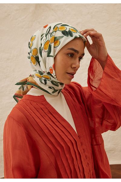 Fresh Orange Lime Garden Patterned Cotton Scarf