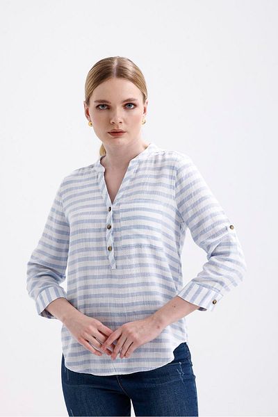Miss Murem Striped Half Placket Cute Shirt - Light Blue