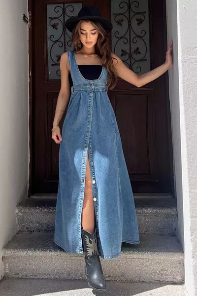 GÜLSELİ Rochie de damă albastră Salopet Denim Jean