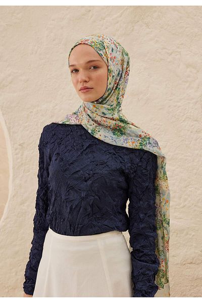 Fresh Sky Blue Tiny Bouquet Patterned Ramı Shawl