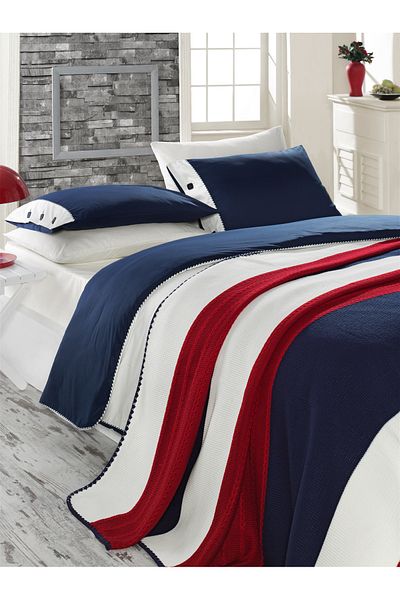 Luoca Patisca Acrylic Knitted Blanket Set Single Dark Blue Cream