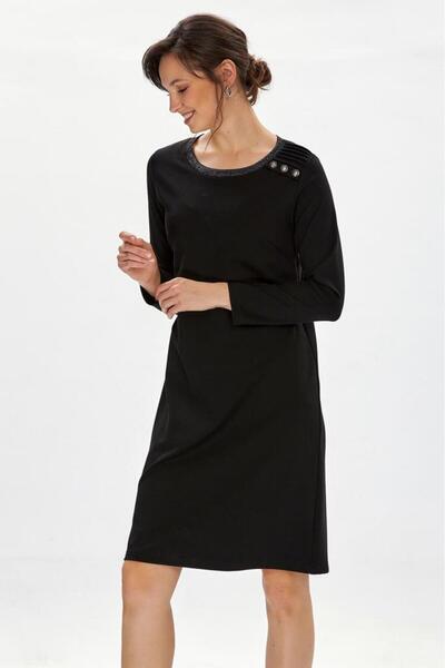 İKİLER Yakası Sim Bantlı Omzu Düğmeli Elbise 234-2502