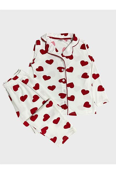 ALİŞ KİDS Set de pijamale de sezon pentru fete, 100% bumbac, alb, cu model de inimă, guler de cămașă, cu mânecă lungă, cu nasturi