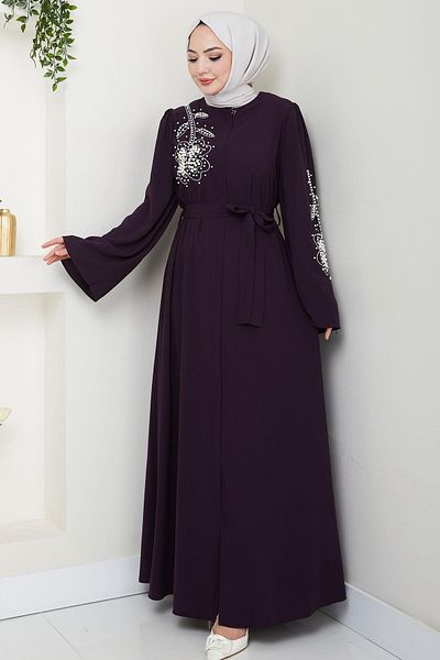 hafsamina Pearled Flower Motif Belted Ferace Plum Hm2720