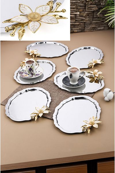 AHİR TİCARET 6 Pieces Oval Daisy Flower Coffee-Tea Serving and Presentation Tray 25X20 cm