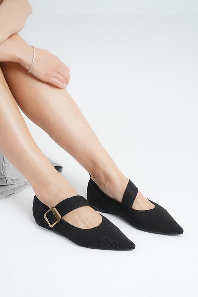Beyond Women's Black Buckle Low Heeled Pointed Toe Knitwear Ballerinas Byndkp208