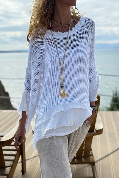 Güneşkızı Italian Ecru Boat Neck 3/4 Sleeve Lined Crap Stitched Mesh Loose Woven Blouse 65 75