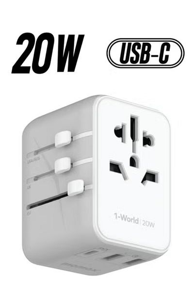 Momax UA11 1-World 20W 3 Ports + AC Travel Adapter Multi Volt 100-250V USB-C / USB-A - White