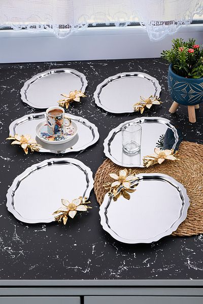 AHİR TİCARET 6 Pieces Oval Daisy Flower Coffee-Tea Serving and Presentation Tray 25X20 cm