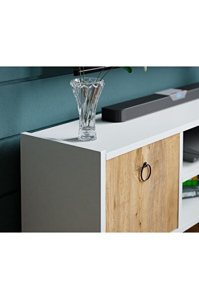 interGO TV Unit With Doors - White / Atlantic Pine Pattern Doors