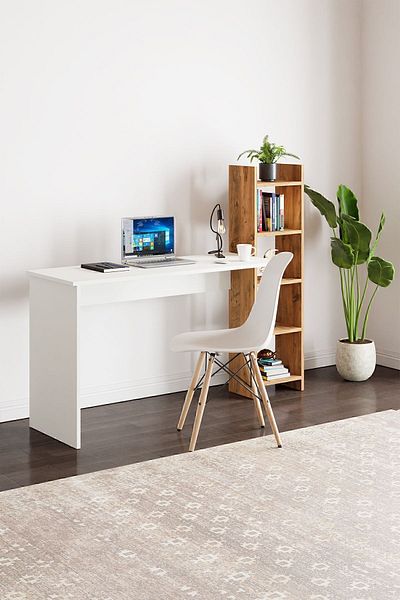 interGO Working Desk With Bookcase - White / Atlantic Pine Pattern