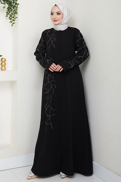 hafsamina Plus Size Ferace - Sahra Stone Μαύρο HM2712