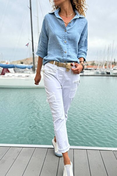 Güneşkızı Italian White Pocket Washed Belted Skinny Leg Lycra Woven Trousers 98 60