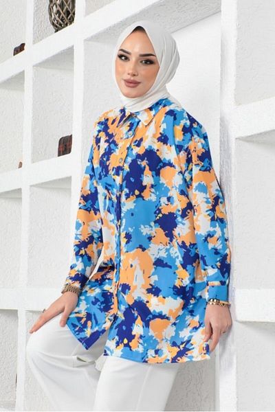 giyze Patterned Hijab Shirt Saks Blue 8890