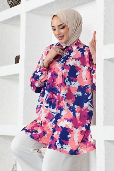 giyze Patterned Hijab Shirt Fuchsia 8890