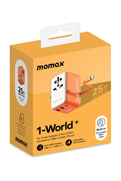 Momax UA20 1-World 25W GaN 3 Ports + Multi Plug Adapter USB-C / USB-A with USB-C Cable - Orange