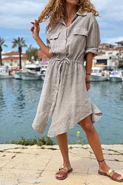 Güneşkızı Italian Mink Long Sleeve Buttoned Pocket Epaulette Belted Safari Linen Woven Shirt Dress 110 63