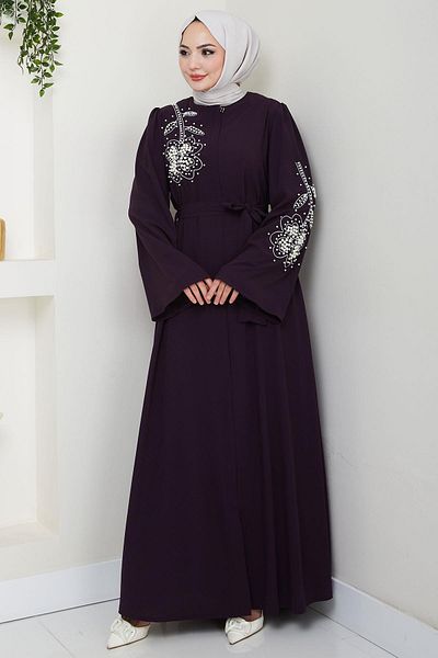 hafsamina Pearled Flower Motif Belted Ferace Plum Hm2720