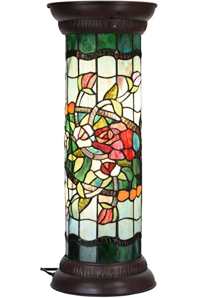 HOME LONDON BREEZE Tiffany Tarzı Gül Desenli Renkli Cam Ayaklı Lamba, 71 cm, El Yapımı Vitray