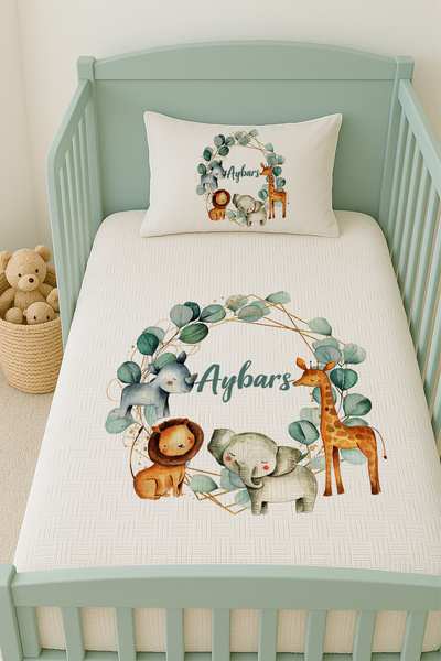 Lilabio %100 Pamuk İsme Özel İsimli 100x150 cm Pike Seti Yeşil Safari