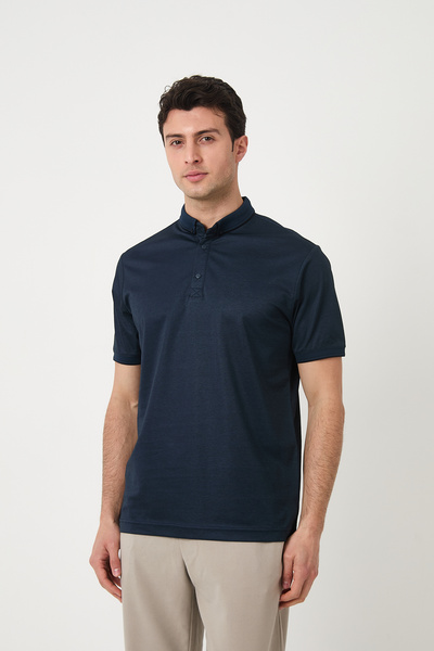 SILVANO تي شيرت رجالي صيفي أساسي بأكمام قصيرة وياقة بولو باللون الأزرق الداكن