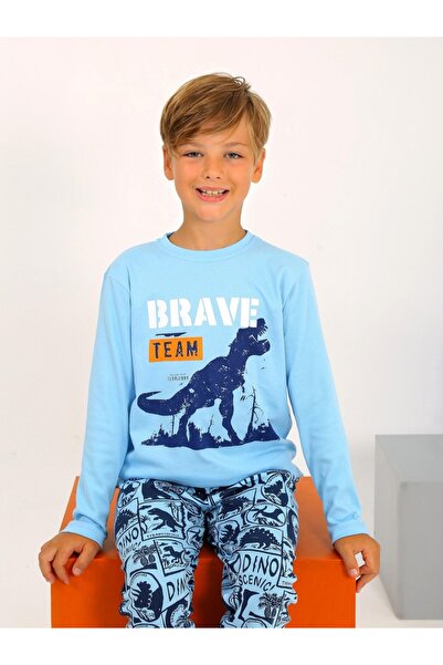 Little Miny Kids Minykids Dinosaur Pattern Dark Blue 100% Cotton Boy's Pajama Set