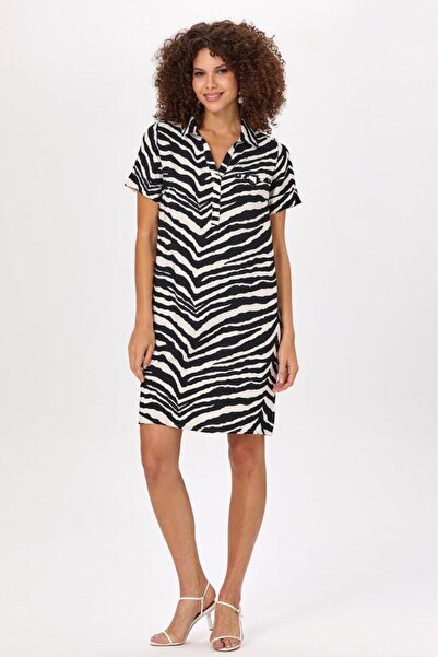 İKİLER Önü Patlı Gömlek Yaka Desenli Elbise 025-4032