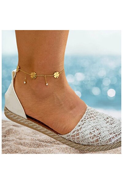 sedaucess 316L 1St Gold Women's Steel Anklet with Grade Clover and Zircon Sto...