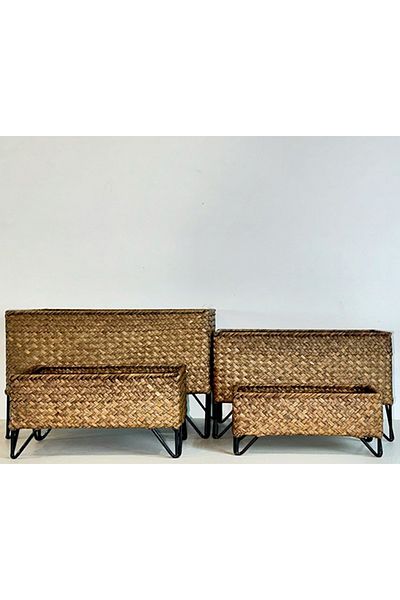 Bahçem Rectangular Decorative Multi-Purpose Bamboo Wicker Basket Set of 4 with Wrought Iron Metal Legs