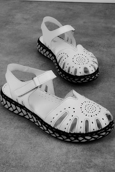 Lal Shoes & Bags Daisy Women's Genuine Leather Cage Detailed Velcro Sandals Shoes-White