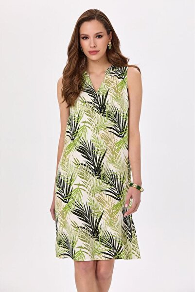 İKİLER Judge Collar Sleeveless Patterned Dress 025-4007