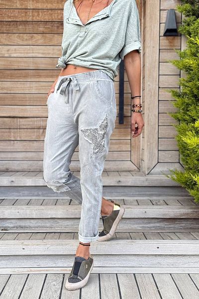 Güneşkızı Italian Gray Pocket Washed Star Appliqued Elastic and Tie Waist Lycra Woven Trousers 93 60