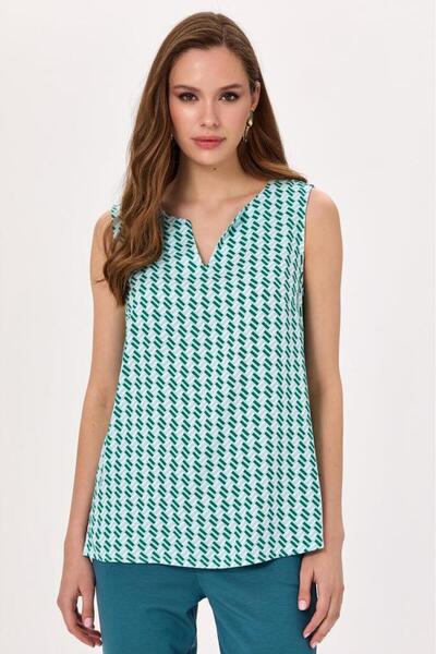 İKİLER V Yaka Kolsuz Desenli Bluz 025-3004