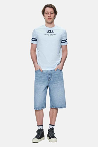 UCLA STARK Gök Mavi Kolu Şeritli Bisiklet Yaka Baskılı Standard Fit Erkek Tshirt