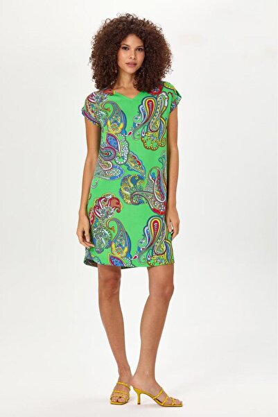 İKİLER V Yaka Düşük Kol Desenli Elbise 025-4002