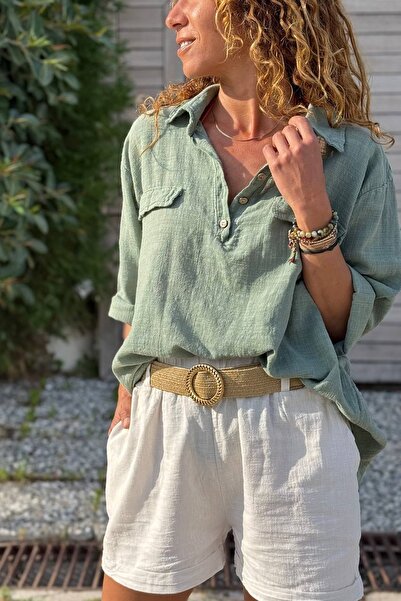Güneşkızı İtalyan Haki Düğmeli Yaka Çift Kapaklı Cepli Apoletli Safari Keten Salaş Dokuma Bluz 70 63
