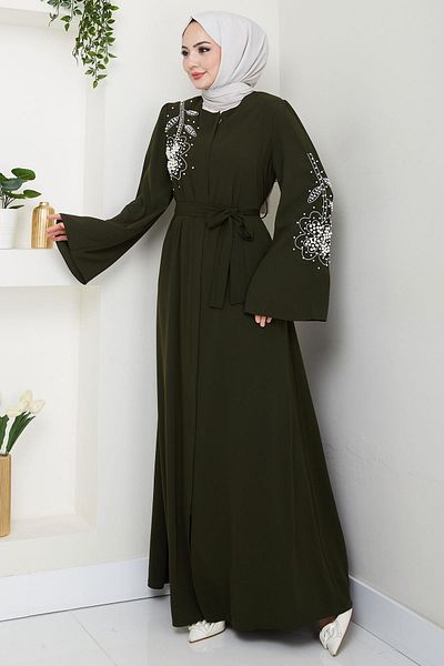 hafsamina Pearl Flower Motif Belted Ferace Khaki Hm2720