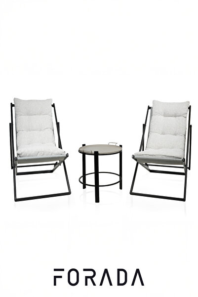 Forada Home & Style 5 Kademe Eğim Ayarlı Minderli Metal Şezlong Metal Sehpa Seti