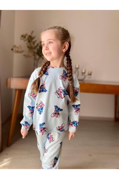 Little Miny Kids MinyKids Buz Mavisi Stitch Desen Fitilli Kız Çocuk Pijama Takım