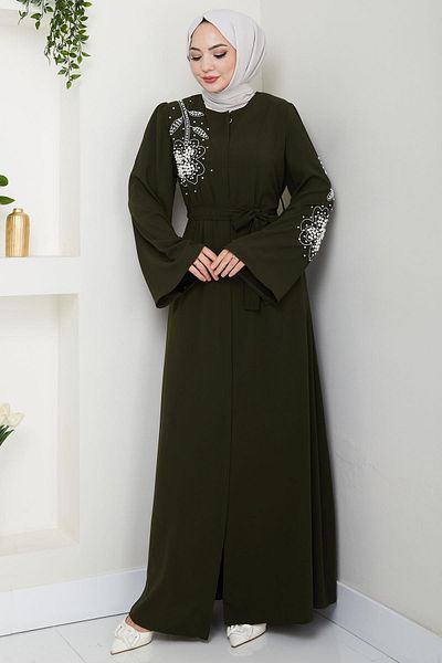 hafsamina Pearl Flower Motif Belted Ferace Khaki Hm2720