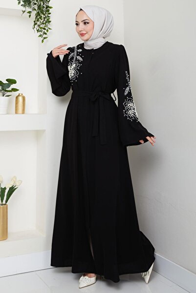 hafsamina İncili Çiçek Motifli Kuşaklı Ferace Siyah HM2720