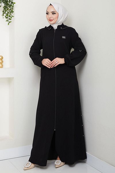 hafsamina Hooded Rigging and Stone Detailed Ferace Black Hm2710