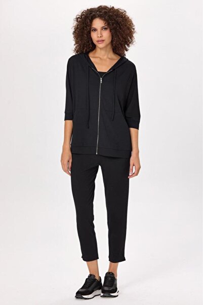 İKİLER Fermuarlı ve Cep Detaylı Kapüşonlu Hırka 025-4400