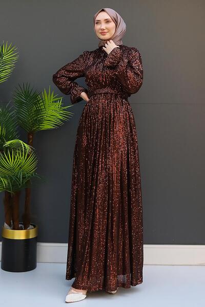 GİYZAMİLA Βραδινό φόρεμα με παγιέτες πεταλούδα σε καφέ πικρό χρώμα