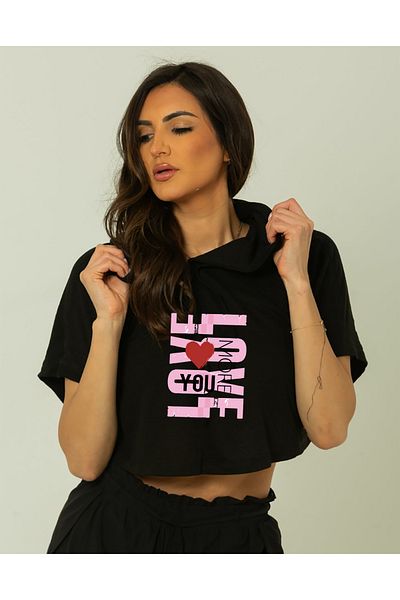 SUNFREE Popular Trend Love More Printed Black Hooded Crop