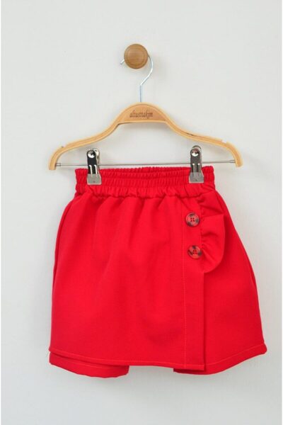 Z B Bebe 23 April Red Ruffled Button Detailed Girl's Shorts Skirt (Age 5-16)