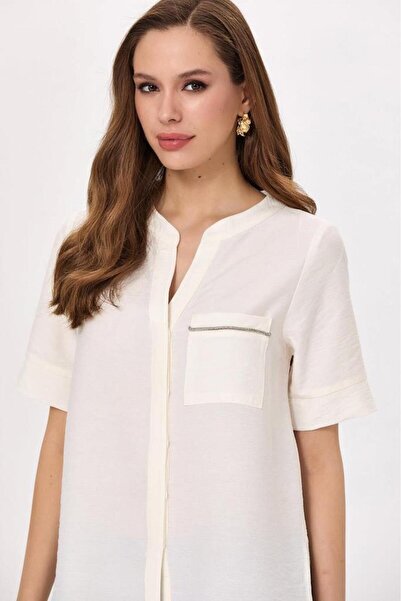 İKİLER Judge Collar Front Placket Pocket Detailed Blouse 025-3001