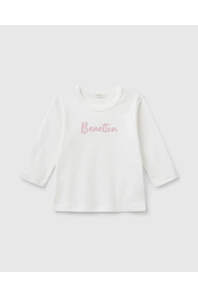 United Colors of Benetton Baby White Logo Printed Shoulder Snap Button Long S...