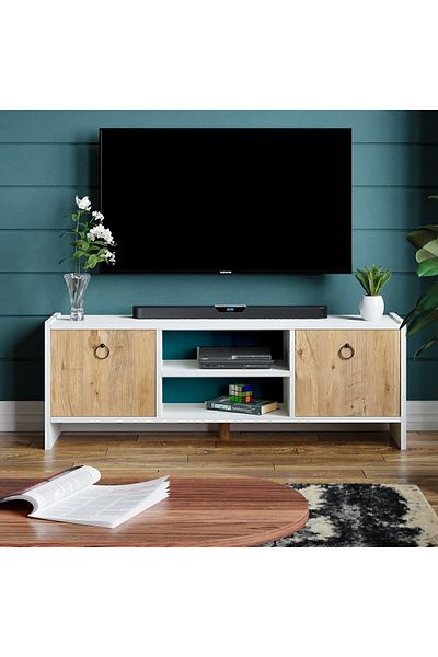 interGO TV Unit With Doors - White / Atlantic Pine Pattern Doors