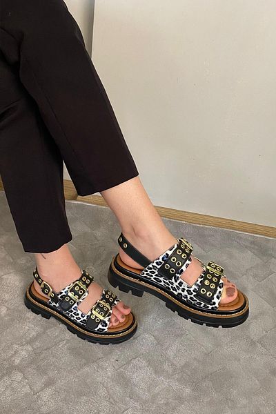 Preshley Sandale ortopedice Mendez, alb, leopard, cu dungi duble, Kabsul și Vardola, cu talpă groasă, K-